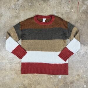 Grunge Earth-Tone Striped Knit Sweater Men’s Medium Brown Red Tan Kurt Cobain